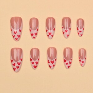Red Heart nails/French gel nails/Nude press on nails/Gyaru fake nails/Faux acrylic nails/Custom nail art/Hand-painted nails/Holiday/Almond