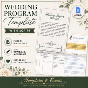 Può includere: Un modello di programma di nozze con script, progettato per Google Docs. Il design include un bordo floreale e il testo "Wedding Program Template". Il modello è facile da modificare, scaricare e personalizzare per qualsiasi matrimonio.