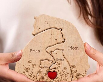 Personalisierte Bärenfamilie aus Holz Puzzle: Blumen umarmt Bären Dekor
