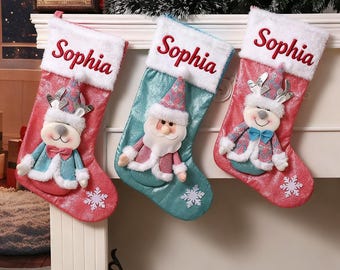 Personalized Christmas Stocking with Name – Santa, Reindeer & Snowman | Embroidered Holiday Stocking | Family Xmas Gift | Kids Stocking