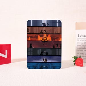 May include: A rectangular phone case featuring a Star Wars-themed design. The case is divided into horizontal sections, each depicting a scene with silhouetted figures engaged in lightsaber duels. The color palette includes shades of blue, orange, and black.