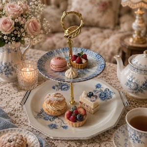 Puede incluir: Un soporte de dos niveles con un asa de metal dorado en forma de rama y hoja. Los dos platos de cerámica blanca presentan un patrón floral azul. El soporte contiene un macarrón rosa, una tartaleta de bayas, un merengue y un pastelito.