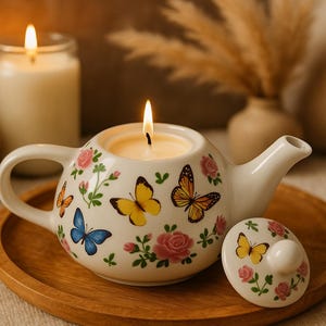 Può includere: Una candela a forma di teiera bianca con uno stoppino acceso, decorata con farfalle colorate e rose rosa. La candela è appoggiata su un vassoio di legno, con un coperchio abbinato nelle vicinanze. Una candela in barattolo accesa e un oggetto lavorato a maglia sono sullo sfondo.