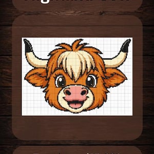 May include: A digital tapestry pattern featuring a cartoon Highland Cow face. The image shows a grid-based design with the text "Highland Cow" at the top and "Tapestry and XL C2C Pattern" at the bottom. The cow has orange fur, cream-colored bangs, and curved horns.