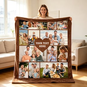May include: A brown fleece blanket featuring a photo collage of various family moments and a central brown heart shape with the text YOUR TEXT HERE printed in white. The blanket has a soft texture and displays multiple rectangular photo frames.
