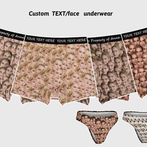 Peut inclure: Sous-vêtements personnalisés avec un motif répété de visage. Les styles incluent des boxers et des slips. La ceinture affiche le texte "Property of Anna" et "YOUR TEXT HERE".