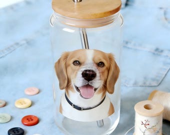 Custom Dog Photo Clear Glass Tumbler, 16oz Personalized Pet Cup with Bamboo Lid & Metal Straw