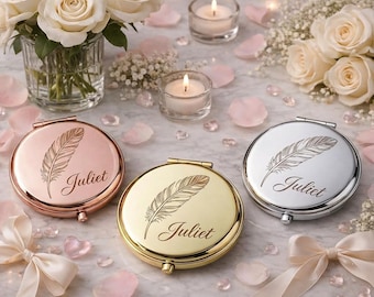 Personalized Name Compact Mirror – Engraved Round Makeup Mirror, Valentine’s Day Gift for Her, Bridesmaid & Wedding Favor