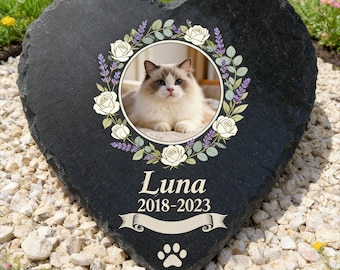Pizarra conmemorativa personalizada para mascotas con forma de corazón, gris oscuro, con foto.
