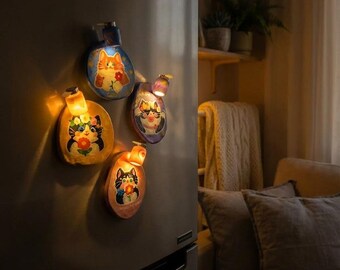 Imanes de gato con luz LED para refrigerador / Imanes de gatito brillante hechos a mano con flores / Linda luz nocturna de gato para decoración de cocina