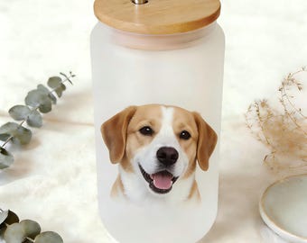 Custom Dog Photo Frosted Glass Tumbler, 16oz Personalized Pet Cup with Bamboo Lid & Metal Straw