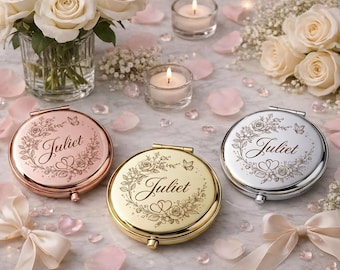 Espejo compacto personalizado, espejo de bolsillo con nombre personalizado, regalo para damas de honor, recuerdo de boda, regalo para la fiesta nupcial, oro, plata y oro rosa.