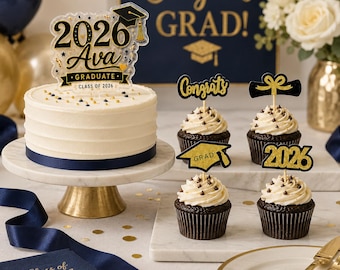Adorno personalizado para pastel de graduación con nombre, decoración personalizada de acrílico para pastel de la Clase de 2026, juego de adornos para cupcakes para fiesta de graduación.