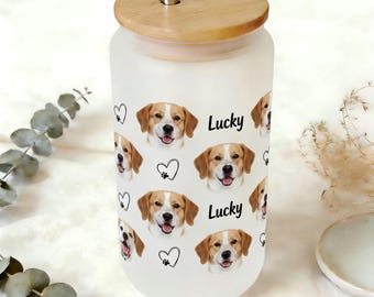 Custom Dog Photo Frosted Glass Tumbler, 16oz Personalized Pet Cup with Bamboo Lid & Metal Straw