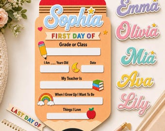 Letrero personalizado para el primer día de clases, pizarra escolar con nombre personalizado y lápiz, accesorio reutilizable para fotos del primer y último día de clases.