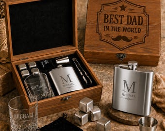 Set de regalo de whisky personalizado para papá, petaca y vaso de whisky grabados en caja de madera, regalo del Día del Padre para él.