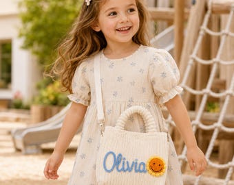 Bolso bandolera de pana personalizado con nombre, bolso de viaje infantil personalizado, regalo para niña de las flores, regalo para preescolar y cumpleaños.