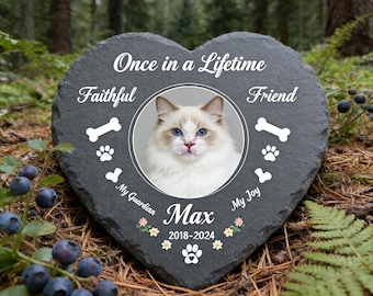 Pizarra conmemorativa personalizada para mascotas con forma de corazón, gris oscuro, con foto.