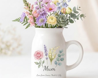 Jarrón de flores personalizado para mamá, jarrón personalizado con forma de botella de leche, jarrón floral de cerámica blanca, regalo del Día de la Madre para mamá, regalo de jarrón con nombre personalizado