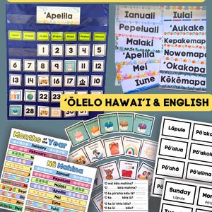 May include: A colorful classroom calendar with Hawaiian-themed illustrations and text. The calendar features the months of the year in both English and Hawaiian, along with a chart of Hawaiian months and their corresponding English months. The calendar also includes a set of flashcards with Hawaiian words and phrases.
