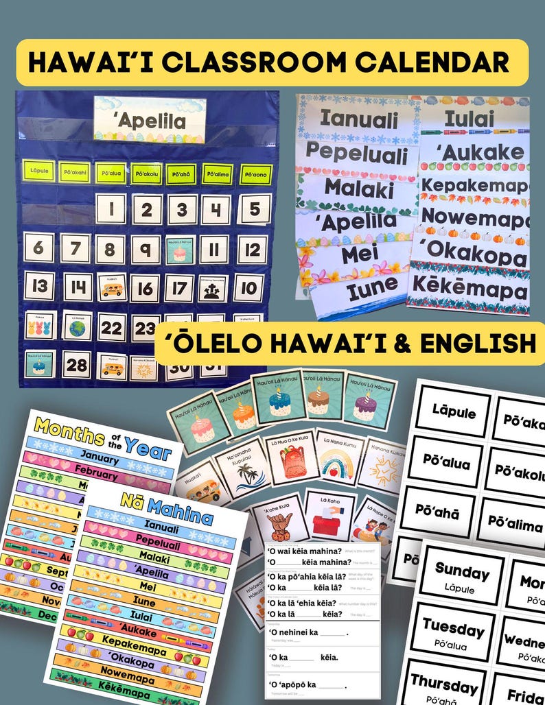 May include: A colorful classroom calendar with Hawaiian-themed illustrations and text. The calendar features the months of the year in both English and Hawaiian, along with a chart of Hawaiian months and their corresponding English months. The calendar also includes a set of flashcards with Hawaiian words and phrases.