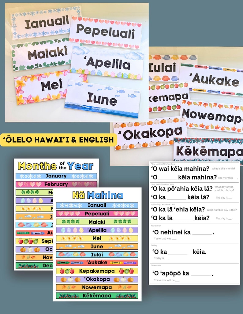 May include: A colorful chart with the months of the year in English and Hawaiian. The chart includes the Hawaiian words for each month, such as Ianuali for January and Pepeluali for February. The chart also includes a section for the days of the week in Hawaiian.