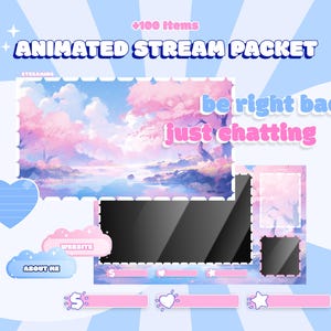 May include: A pastel-coloured animated stream packet design. It features a landscape with pink cherry blossom trees, clouds, and water. Text includes "Animated Stream Packet", "be right back", "just chatting", "website", and "about me".