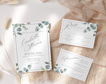Floral Wedding Invitation Template | Wedding Invitation Suite, Wedding Invite Bundle, Canva Template, Wedding Invite Template, Sage Green