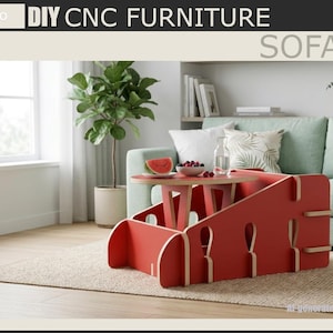 Puede incluir: Una mesa de sofá CNC roja de bricolaje con una mesa redonda, que contiene un cuenco de fruta y una botella de vidrio. La mesa tiene un diseño único con formas recortadas. También se muestra el texto "DIY CNC FURNITURE" y "SOFA TABLE".