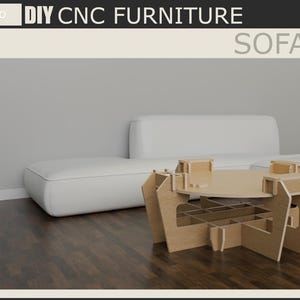May include: A DIY CNC furniture sofa table made of light brown wood. The table has a unique geometric design with a round top and a lower shelf. The image also includes the text "DIY CNC FURNITURE" and "SOFA TABLE".