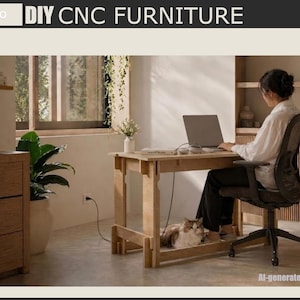 Puede incluir: Una mesa de madera con un portátil, una silla de oficina negra y un gato debajo. La imagen incluye el texto "DIY CNC FURNITURE" y las abreviaturas de tipo de archivo: SVG, DXF, DAE y PNG. La mesa mide aproximadamente 100 cm de largo.