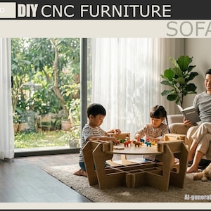 Puede incluir: Una mesa de sofá de madera marrón claro, hecha con CNC, es el punto focal de la imagen. La escena muestra a una familia en un salón. El texto "DIY CNC FURNITURE" y las opciones de tipo de archivo también son visibles.