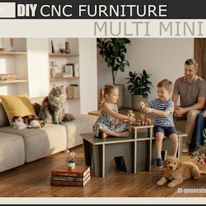 以下が含まれることがあります： DIY CNC家具プロジェクトのあるリビングルームの家族。画像には、マルチミニベンチが表示され、「DIY CNC FURNITURE」と「MULTI MINI BENCH」のテキストがあります。画像には、SVG、DXF、DAE、PNGのファイルタイプも含まれています。