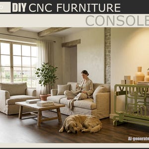 Puede incluir: Escena interior con una consola verde oliva con un diseño geométrico único. La habitación incluye un sofá, un sillón y una mesa de centro de madera. El texto "DIY CNC FURNITURE" y "CONSOLE TABLE" son visibles.