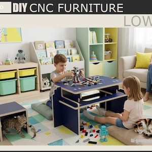 Puede incluir: Una mesa baja azul marino con un estante inferior, diseñada para muebles CNC DIY. La mesa está rodeada de juguetes para niños y una familia está sentada en un sofá en el fondo. El texto "DIY CNC FURNITURE" y "LOW TABLE" son visibles.