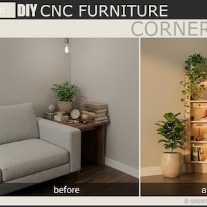 May include: A DIY CNC corner shelf design, shown before and after assembly. The image includes a sofa, side table, and a finished wooden shelf with books and decor. Text includes "SVG, DXF, DAE, PNG".