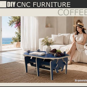 May include: A blue and white coffee table with a unique design, placed in a living room setting. The table is in front of a white sofa, with a person sitting on it. The image includes the text "DIY CNC FURNITURE" and "COFFEE TABLE".