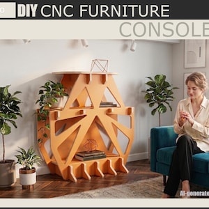 May include: A light orange, geometric console table with multiple shelves. The table is made of wood and has a unique, open design. The image also includes the text "DIY CNC FURNITURE" and file type options: SVG, DXF, DAE, and PNG.