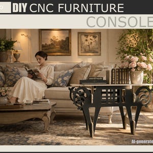 Könnte beinhalten: Ein schwarzer Konsolentisch mit dekorativem Design in einem Wohnzimmer. Das Bild enthält den Text "DIY CNC FURNITURE CONSOLE TABLE" und Dateitypoptionen: SVG, DXF, DAE und PNG. Der Tisch ist etwa 76 cm breit.