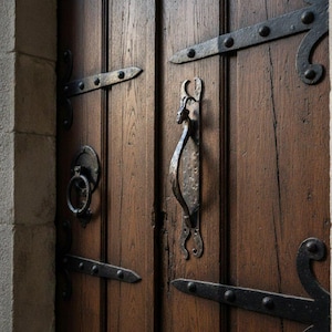 Könnte beinhalten: Nahaufnahme einer verwitterten Holztür mit kunstvollen, dunklen Metallbeschlägen. Die Tür verfügt über einen dekorativen Griff, Scharniere und einen Ringzug. Die Holzmaserung ist sichtbar und die Tür scheint alt zu sein.