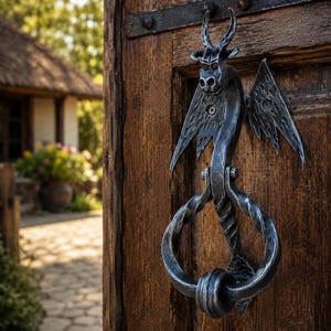 Könnte beinhalten: Ein dekorativer, handgeschmiedeter Metall-Türklopfer in Form eines Drachen. Der Drache hat Hörner, Flügel und einen gedrehten Griff. Der Klopfer ist an einer verwitterten Holztür befestigt.