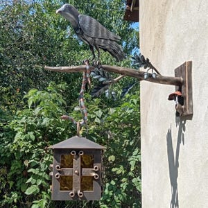 Forged Torch with Falcon and Lantern Medieval Outdoor Lighting Unique Handmade Wall Metal Decor Gift for Castle Medieval Lights Gothic Torch