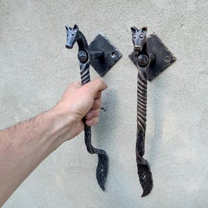 Könnte beinhalten: Zwei handgefertigte Türgriffe aus dunklem Metall. Jeder Griff hat oben ein Pferdekopfdesign, einen gedrehten Griff und ein blattförmiges Ende. Die Griffe sind auf rautenförmigen Platten montiert.