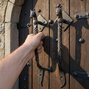Könnte beinhalten: Eine Hand greift einen dekorativen Türgriff aus Schmiedeeisen. Der Griff hat ein Pferdekopf-Design und einen gedrehten Schaft. Die Tür ist aus dunklem Holz mit Metallakzenten.