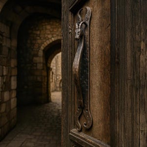 Könnte beinhalten: Nahaufnahme einer Holztür mit einem verzierten Metallgriff. Der Griff ist mit einem Drachen- oder Fabelwesenmotiv gestaltet. Die Tür besteht aus dunklem, gealtertem Holz.