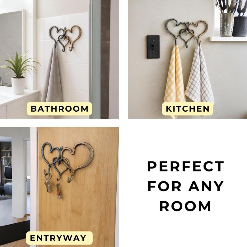 May include: Decorative metal wall hooks in a heart design. The hooks are shown in a bathroom, kitchen, and entryway, with the text "BATHROOM", "KITCHEN", and "ENTRYWAY". The text "PERFECT FOR ANY ROOM" is also displayed.