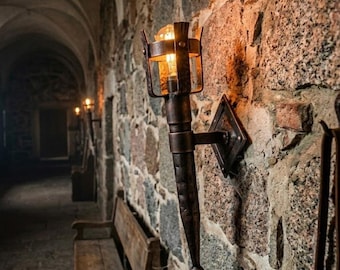 Hand Forged Gothic Torch Wall Sconce: Medieval Viking Iron Lighting, Rustic Castle Decor