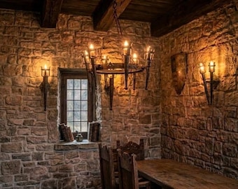 Wrought Iron Medieval Chandelier: Gothic Castle Lighting, Rustic Fantasy Home Accent