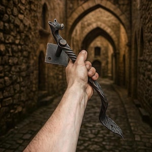 Könnte beinhalten: Ein handgeschmiedeter Türgriff aus dunklem Metall mit einem stilisierten Pferdekopf. Der Griff hat einen gedrehten Schaft und ein dekoratives, blattförmiges Ende. Der Griff wird vor einem verschwommenen Hintergrund gehalten.