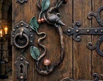 Forged Iron Door Handle, Handcrafted Metal Pull, Rustic Bronze Green Decor Gift
